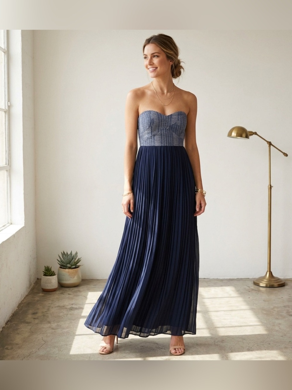 Sabine Blue Strapless Pleated Maxi Dress Size